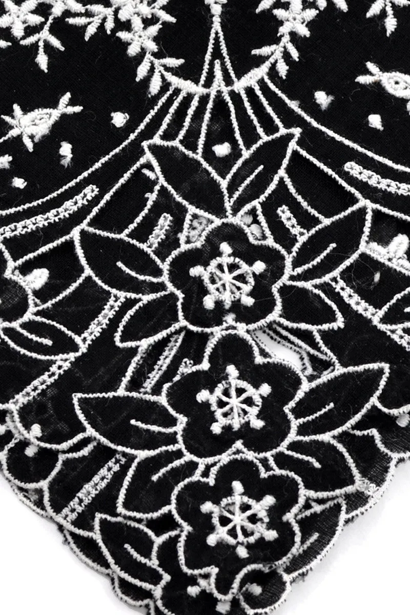 Vintage Black Linen Handkerchief Cutwork White Embroidery 11"