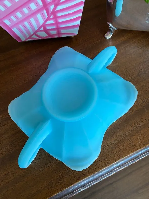 Vintage Blue Fenton Glass Butterfly Handled Bowl