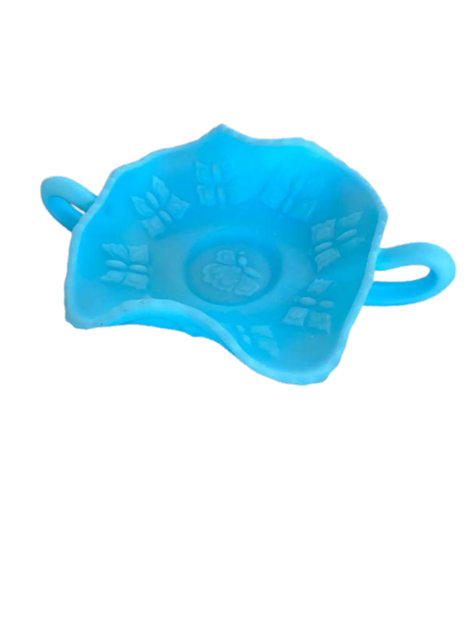 Vintage Blue Fenton Glass Butterfly Handled Bowl