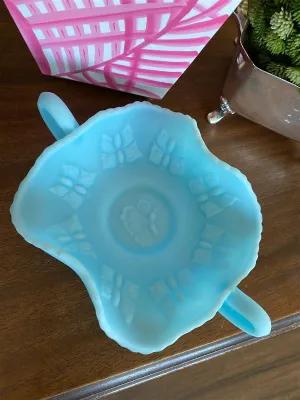 Vintage Blue Fenton Glass Butterfly Handled Bowl