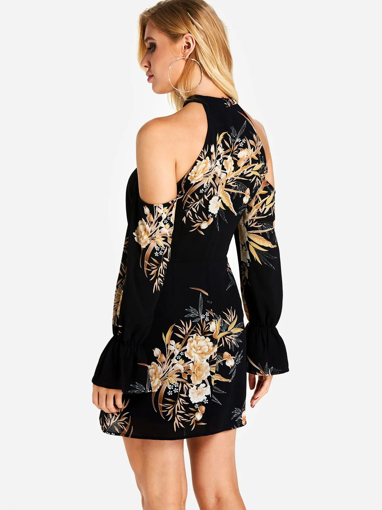 Wholesale Black Cold Shoulder Long Sleeve Floral Print Mini Dress