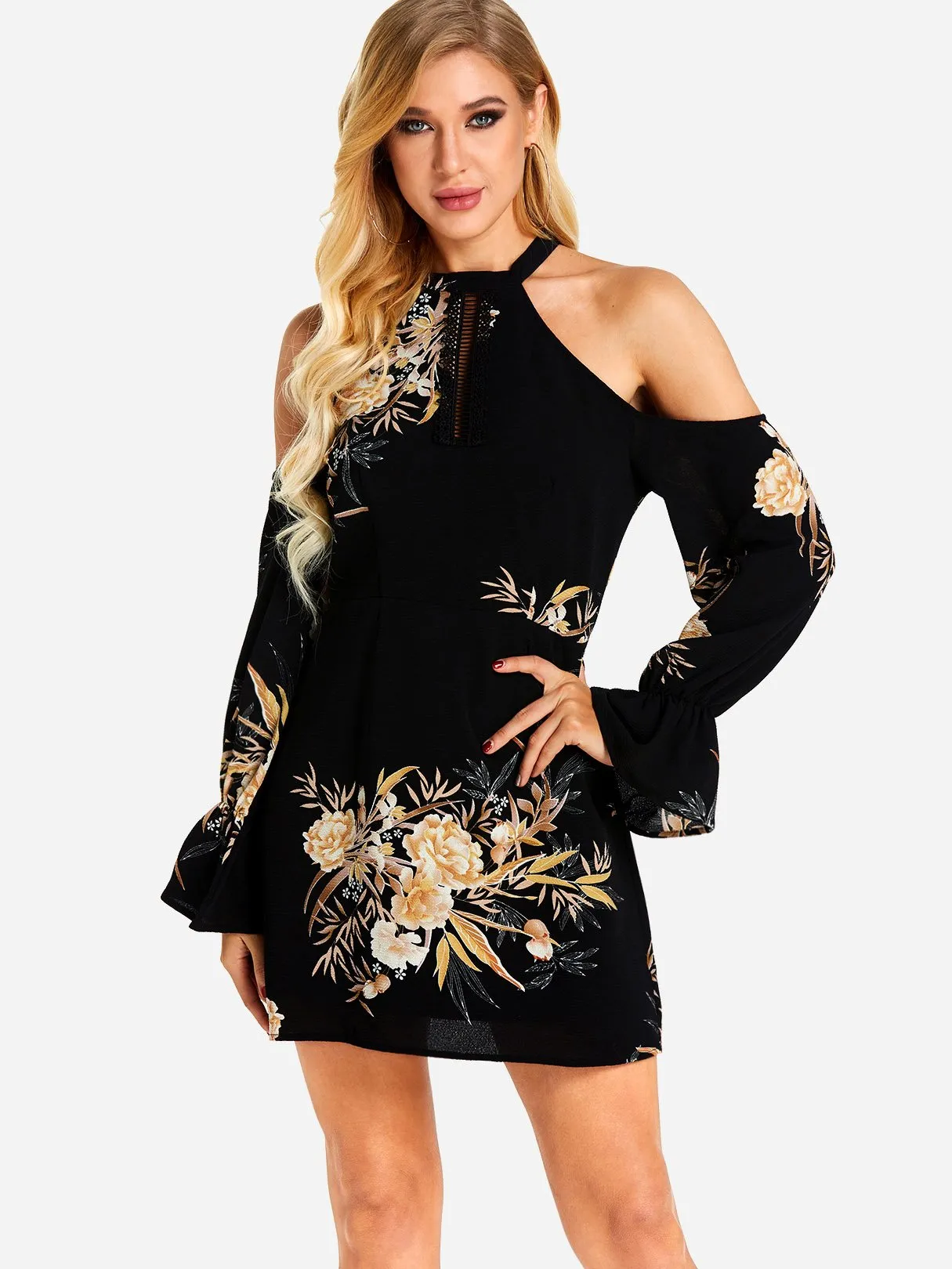Wholesale Black Cold Shoulder Long Sleeve Floral Print Mini Dress