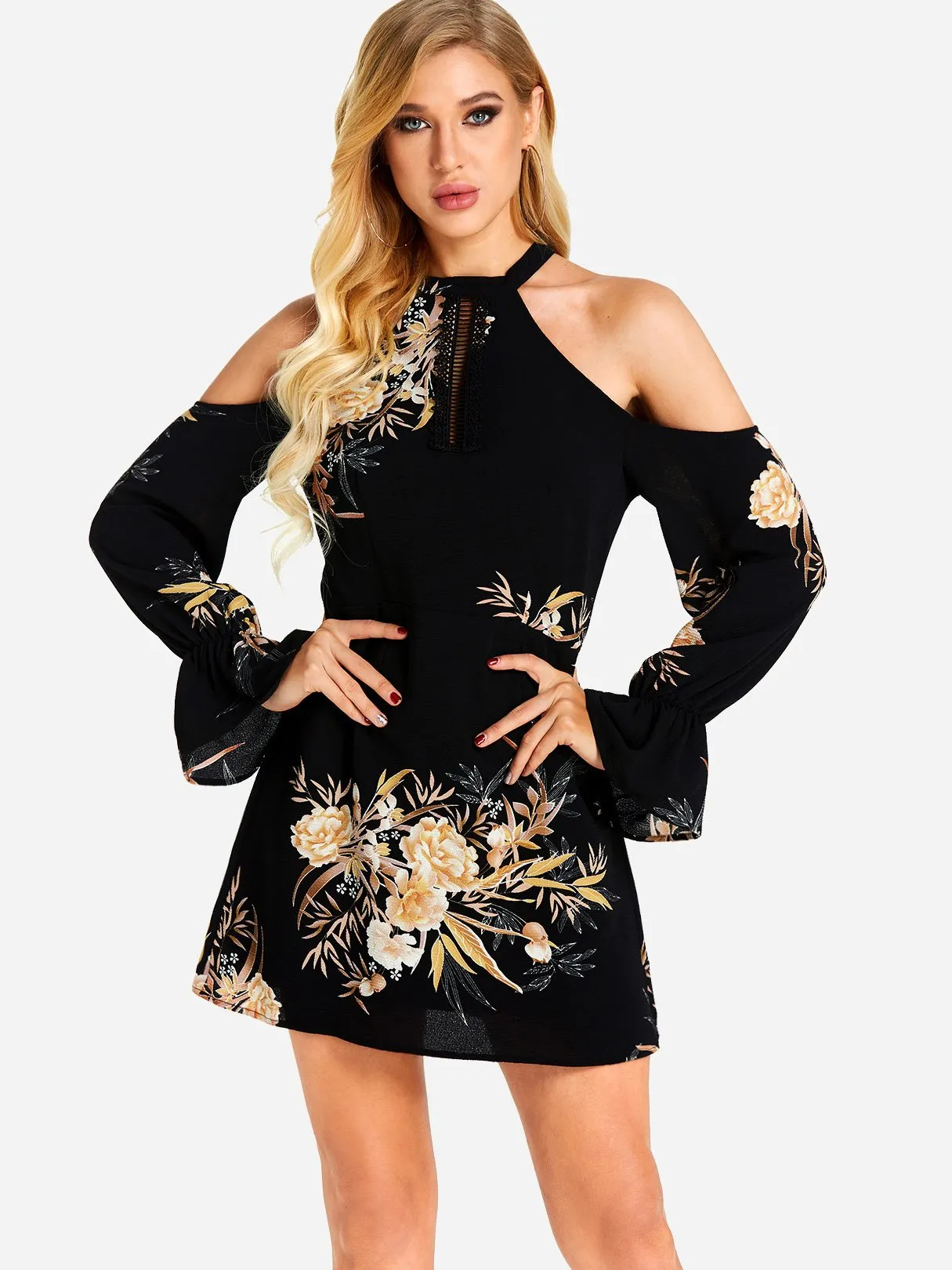 Wholesale Black Cold Shoulder Long Sleeve Floral Print Mini Dress