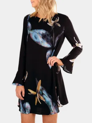 Wholesale Black Round Neck Long Sleeve Floral Print Fashion Mini Dresses