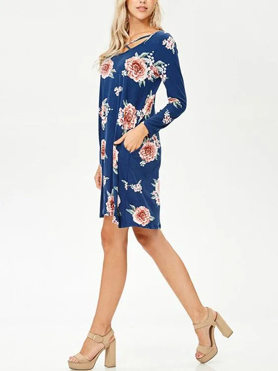 Wholesale Blue V-Neck Long Sleeve Floral Print Mini Dresses