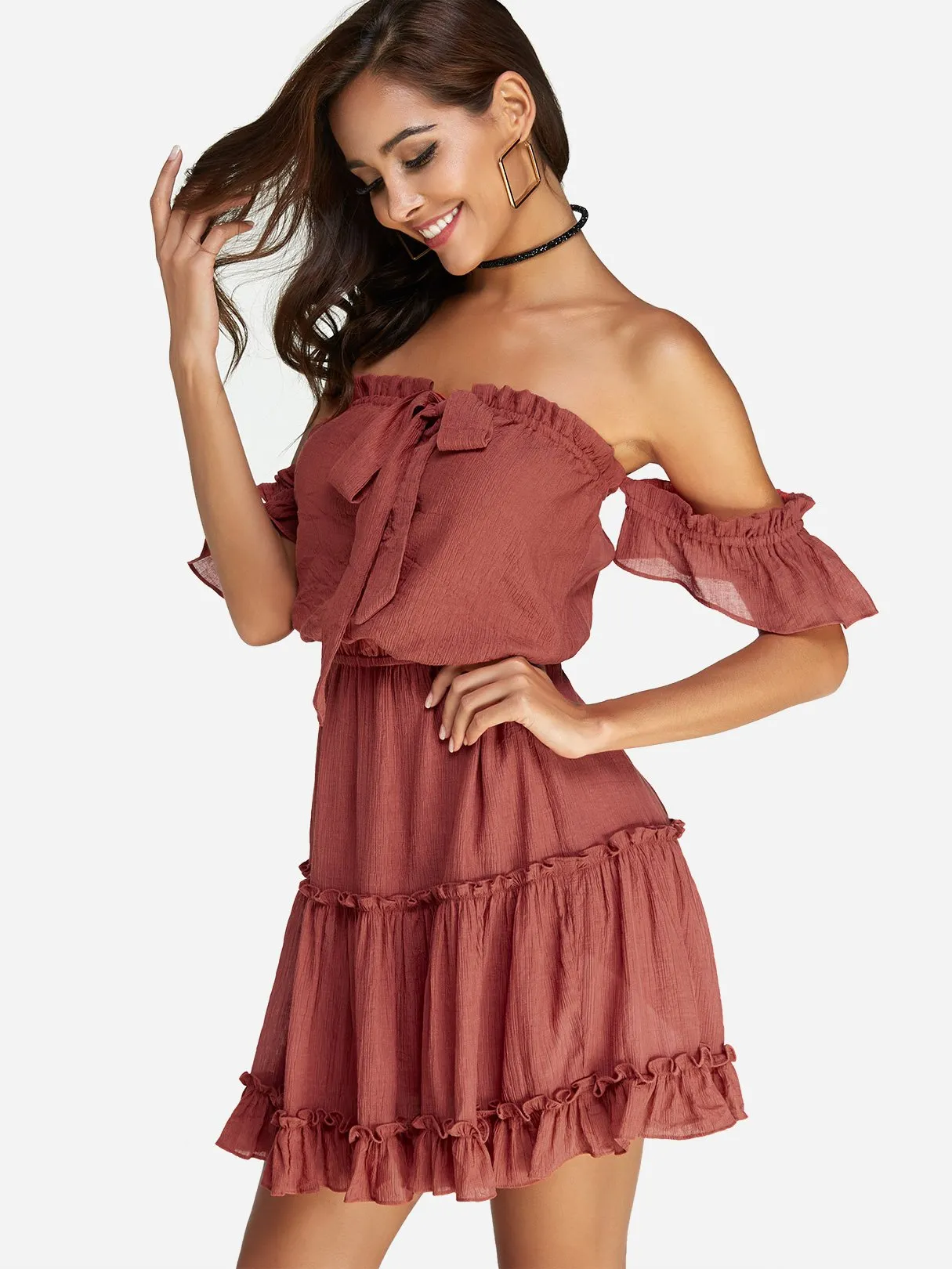 Wholesale Rust Off The Shoulder Short Sleeve Plain Backless Self-Tie Ruffle Hem Mini Dress