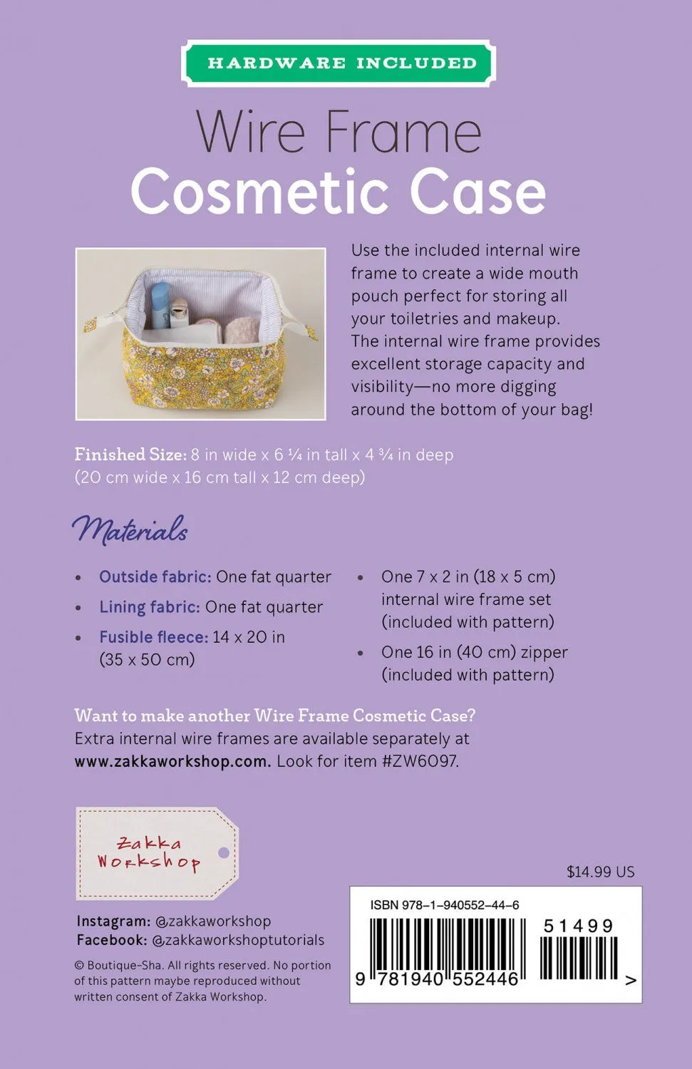 Wire Frame Cosmetic Case Pattern including Hardware and Zipper